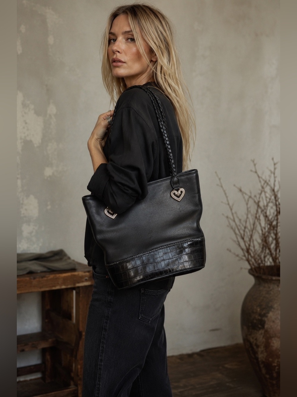 Brighton Black Leather Tote Bag Croc Embossed Trim Braided Straps Heart Hardware